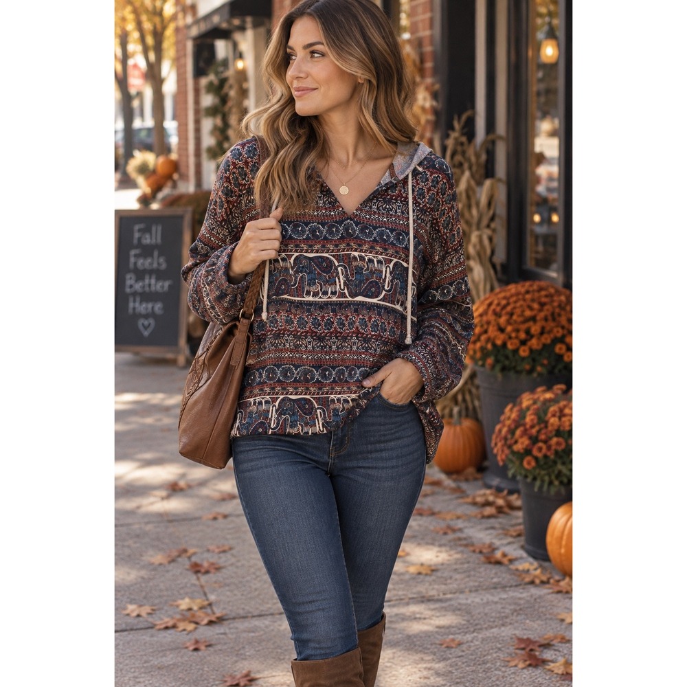 Yak & Yeti Elephant Paisley Boho Hoodie V-Neck Top XL Blue Red 22658 NEW